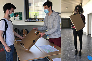 La distribution d’ordinateurs organisée lundi 20 avril, dans le hall du Portique, dans le respect des règles d’hygiène et de sécurité 